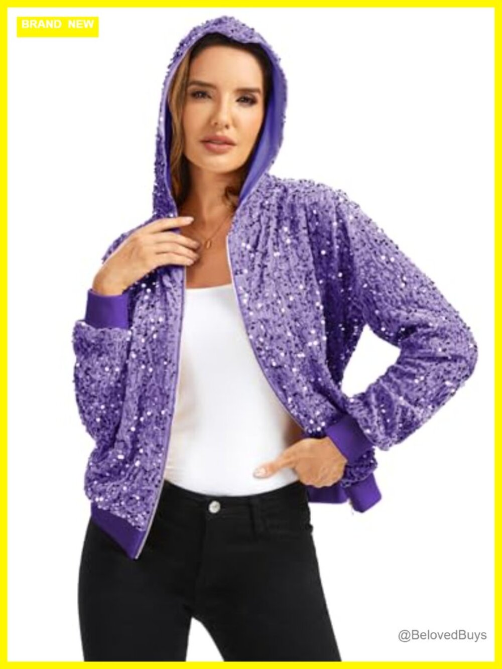 Sparkly Hooded Sequin Zip Up Bomber Jacket Long Sleeve Party Outerwear